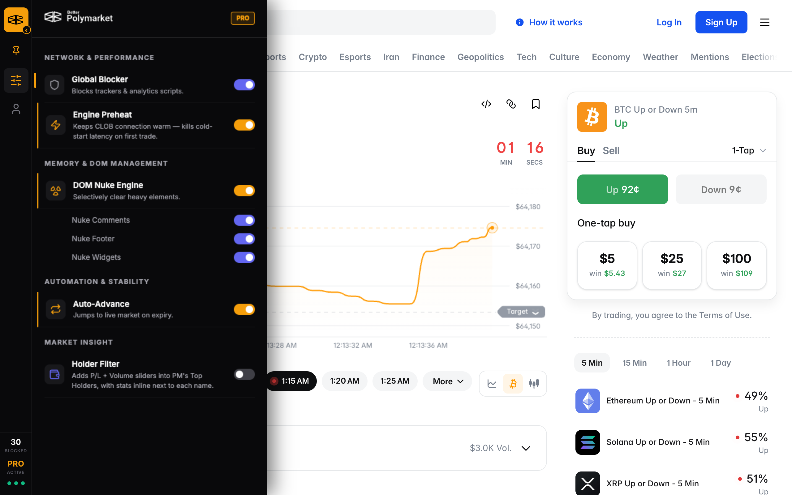 Better Polymarket running on polymarket.com: the Tuner panel over a live BTC 5-minute market